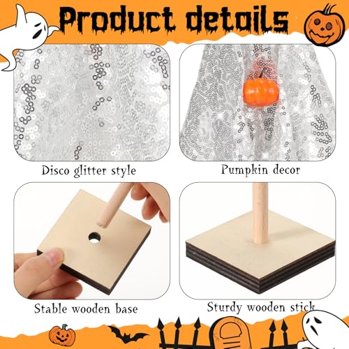 Halloween Ghost Table Decor Set - Silver Disco Wooden Ghosts with Pumpkin - 3 Pieces