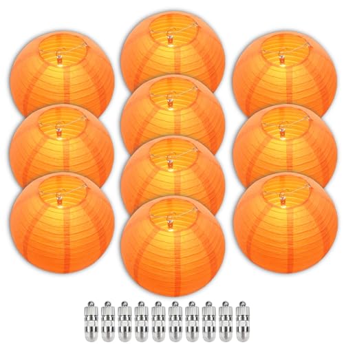 Orange Chinese Paper Lanterns with LED Lights - 12 Inch, 10 Pack - Indoor/Outdoor Decor