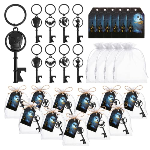 Halloween Bottle Opener Keychains Set Bulk Party Favors - Bat Skeleton Cat Ghost