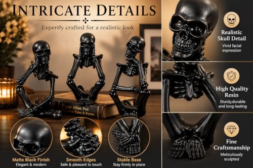 Black Skeleton Decor Set of 3 - Gothic Thinker Skeleton Figurines for Home & Halloween Decor