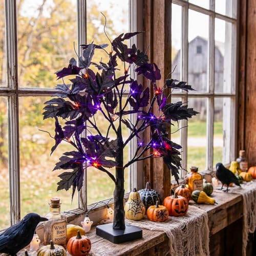 Indoor Halloween Tree Lights with Timer - 22-Inch Black Maple with Orange and Purple LEDs