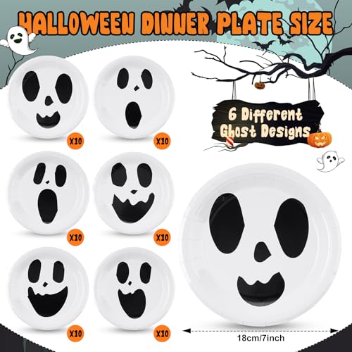 White Ghost Paper Plates & Napkins Set - Halloween Party Disposables for 60 Guests - Classic Ghost Design