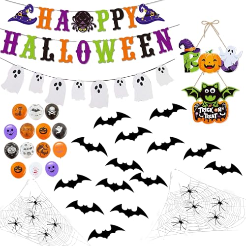 Halloween Decorations Set with Banners, Bats, Webs, Balloons & Photo Props - 100+ Pieces