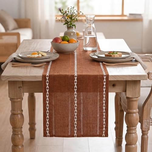 Caramel Rustic Cotton Linen Table Runner 13x72 Inch - Fall Embroidered Decor