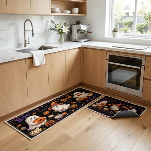 Halloween Doormat Set 2 Piece Cute Ghost with Pumpkin and Welcome Mat - Fall Holiday Decor
