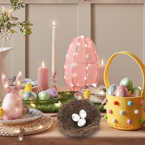 3pcs Faux Rattan Bird Nest Decor with Eggs - 4.7 Inch Spring & Holiday Centerpiece