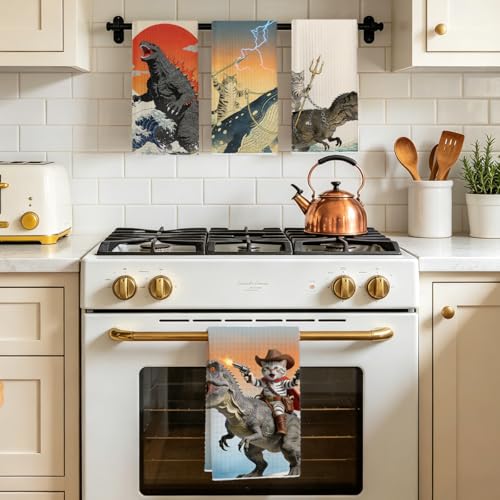 Multi 1484 Funny Cat Kitchen Towels - Godzilla Japanese Cats Gift Set - 4 Pcs