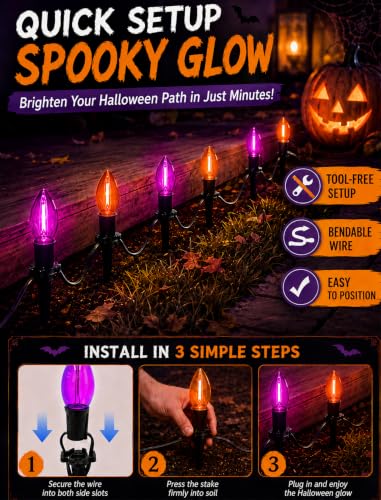 Halloween Pathway Lights 10-Pack Purple & Orange C9 LED Stakes - Outdoor Yard Decor
