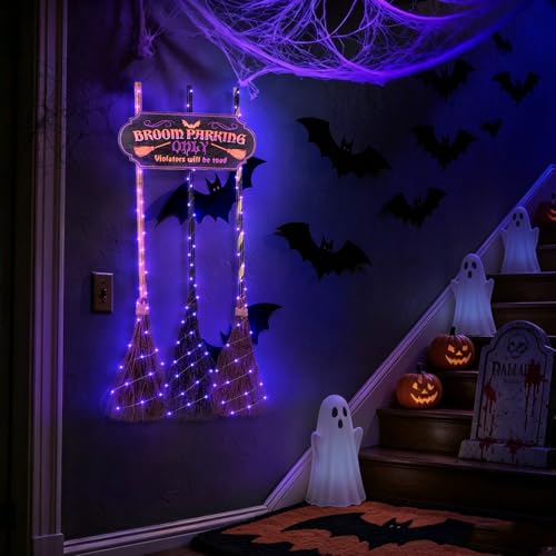 Halloween Broom Parking Sign with 3 Witch Brooms & Purple Lights - Whimsical Outdoor Decor