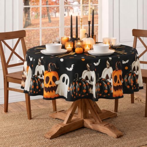 Halloween Round Tablecloth 60 Inch Water-Repellent Reusable Table Cover - Black