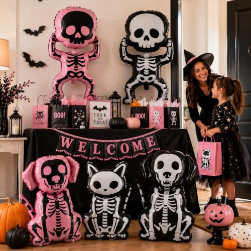 Halloween Skeleton Foil Balloons Set - 6 Black and Pink Skeleton Shape Decorations