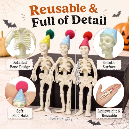Mini Skeleton Figurines with Felt Hats - Halloween Decorations, 24 Pack