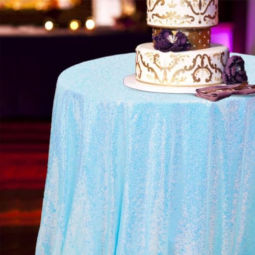 Iridescent Aqua Sequin Round Tablecloth 90 Inch Sparkle Glitter Cover for Weddings & Parties