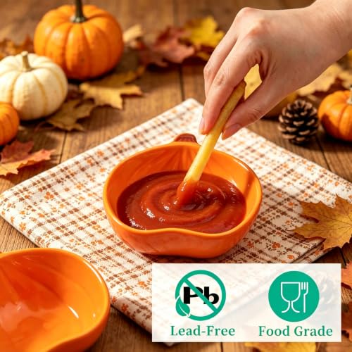 Orange Pumpkin Ceramic Dipping Bowl Set - 6 Mini Leaf-Shaped Sauces 1.6OZ