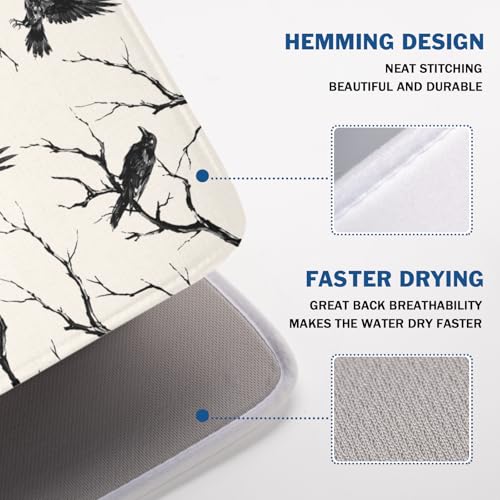 Halloween Crows Dish Drying Mat for Kitchen Counter Vintage Spooky Raven Pattern 24x18 Inches - Absorbent Microfiber Washable Drainer Pad