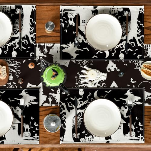 Halloween Haunted House Ghost Witch Placemats Set of 4 - 12x18 Inch Rectangular Black Seasonal Table Mats
