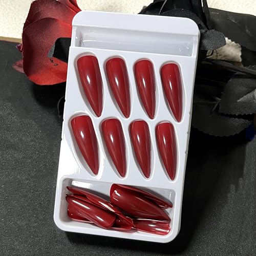 Press On Nails Long Stiletto Red Deep Solid Color Gothic Halloween - 24pcs (Variation: 6501Red)