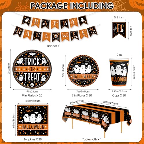 Halloween Disposable Tableware Set - Ghost & Trick or Treat Plates Napkins Cups Banner - 82 Pcs