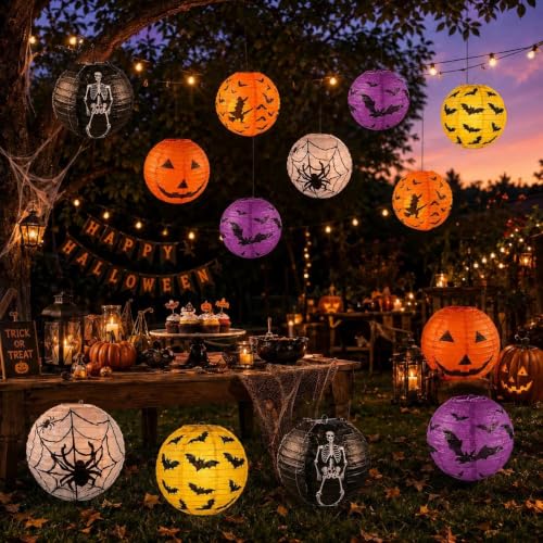 Halloween Paper Lanterns 12 Pack - 8 Inch Hanging Decorations with Pumpkin Bat Witch Skeleton Web Designs
