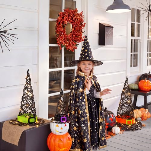 Lighted Halloween Rattan Witch Hat Table Decor Set with Belt - 3 Sizes
