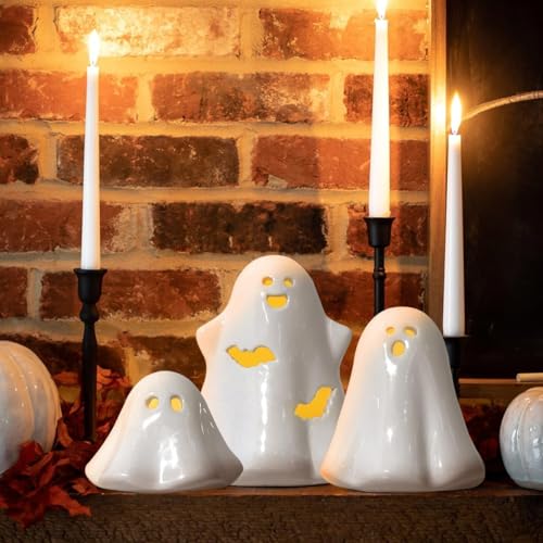 Halloween Ceramic Ghost Figurines with LED Lights - 3 Pack Spooky Decor for Home & Party