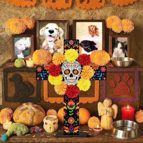 Colorful Large Day of the Dead Wooden Cross Tabletop Decor - Mexican Halloween Altar Centerpiece