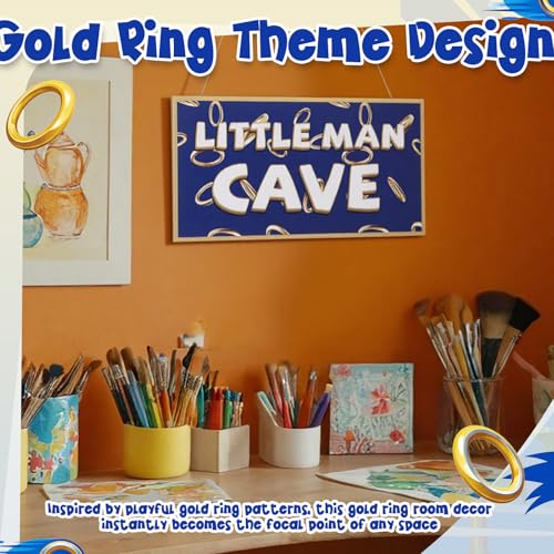 Gold Ring Door Sign - Little Man Cave Decor with Rope Hanging, 11.8 x 6 Inches