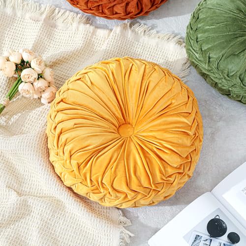 15-Inch Round Pumpkin Throw Pillow - Yellow Fall Decorative Pillow - Ruffle Design