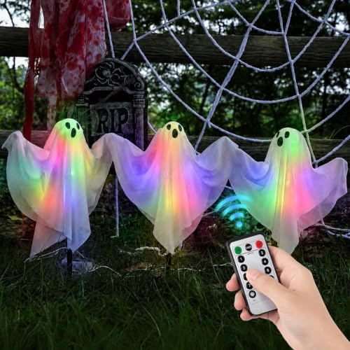 3 Pack Halloween Ghost Stake Pathway Lights Colorful Glowing Ghost Decor - Remote & Timer