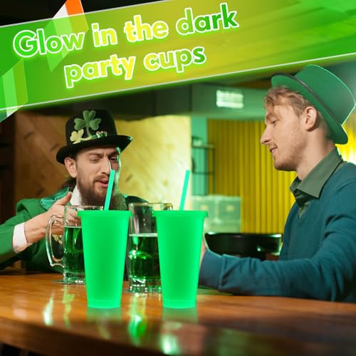 Glow in the Dark Halloween Cups - 24 oz Fluorescent Green, 30 Pack with Lids & Straws