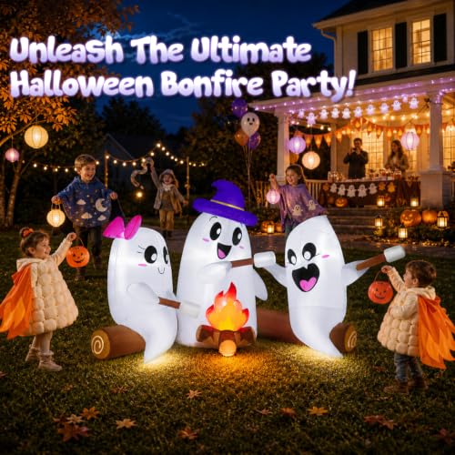 6FT Halloween Inflatable Ghosts with Campfire & LED Lights Outdoor Yard Decor
