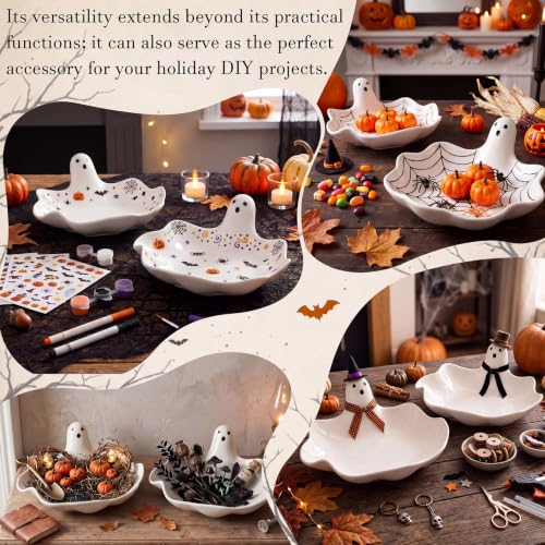 Halloween Ghost Candy Dish Set - Ceramic Ghost Plate Snack Bowls for Treats & Decor