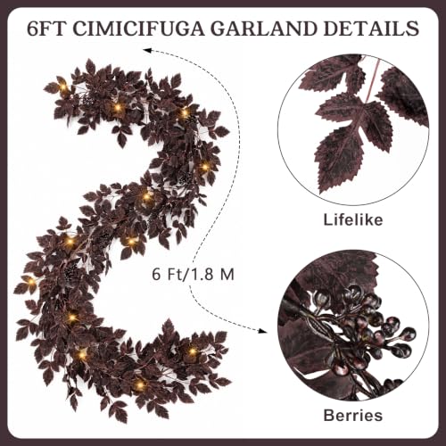 Fall Plum Garland with Lights - 6Ft Autumn Decor for Mantle & Home
