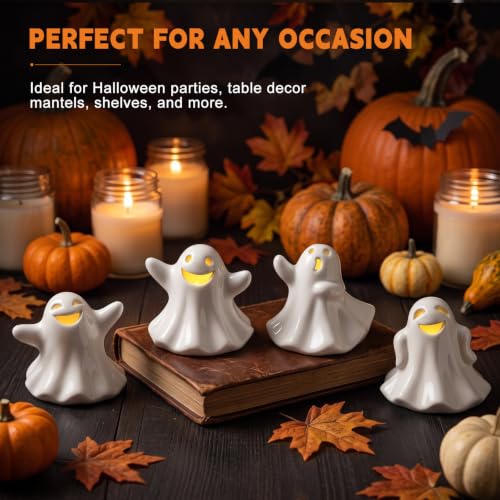 4 Pack Light Up Ceramic Ghost Halloween Decorations - Festive & Modern Decor