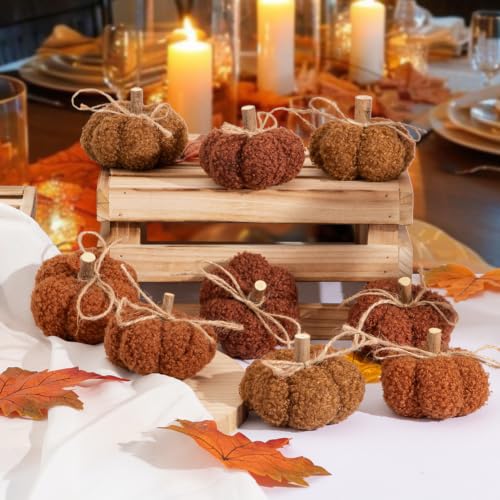 Fall Pumpkins Decorations Set of 9 - Mini Fabric Autumn Decor, Mix Brown