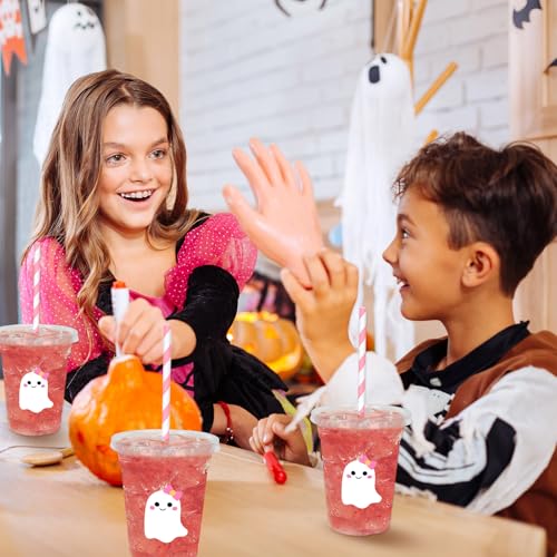 White Ghost Halloween Disposable Plastic Cups with Lids & Straws - 50 Pcs
