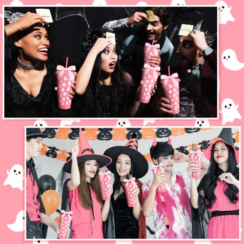 Pink Ghost Tumbler Set - 12 Reusable 24 Oz Halloween Cups with Straw & Lid