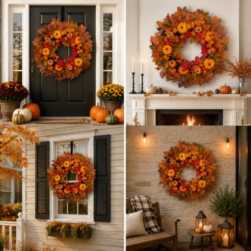 Large 24 Inch Autumn Fall Wreath for Front Door with Pumpkins and Leaves