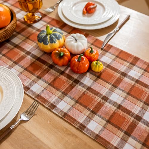 Joyfol Day Rust Tartan Table Runner 13x108 Inch Fall & Halloween Decor - Washable & Scratch-Proof