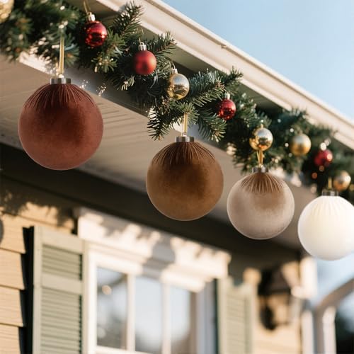 Large Brown Velvet Christmas Balls - 6 Inch Flocked Ornaments, Set of 12
