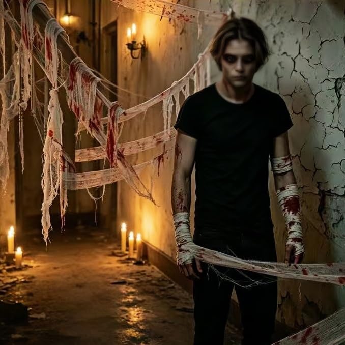Blood Gauze Bandage Decor Set - Haunted House Halloween Prop, 3 Rolls 32ft