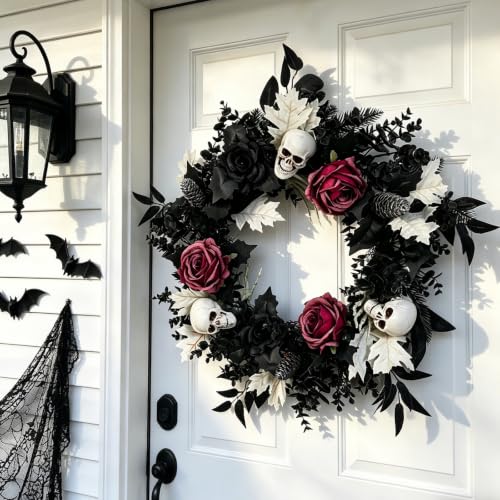 Halloween Skull Wreath for Front Door - Gothic Black & Burgundy Decor Variation: Black