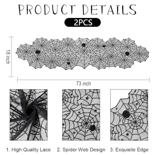 Black Lace Spiderweb Table Runner Set - Halloween Decor 2 Pieces 18x73 Inches