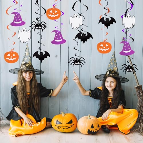 Halloween Hanging Swirls Decorations - 30PCS Ghost Spider Witch Pumpkin Bats in Black Orange Purple
