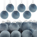 12PCS Velvet Christmas Ornaments Set - Gray Blue Flocked Plastic Holiday Balls