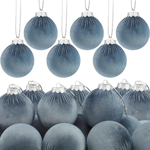 12PCS Velvet Christmas Ornaments Set - Gray Blue Flocked Plastic Holiday Balls