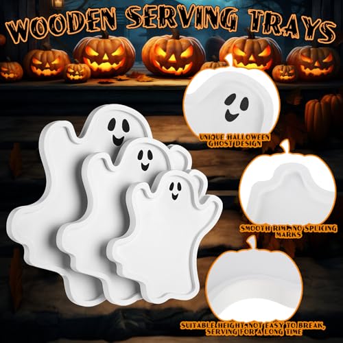 Halloween Ghost Wooden Serving Platters Set - Food Trays for Party Decor