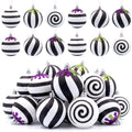 Medoore 24Pcs Gothic Black & White Christmas Ornaments with Purple & Green Glitter Drips - 2.36 Inch Hanging Balls for Halloween Xmas Tree & Party Decor