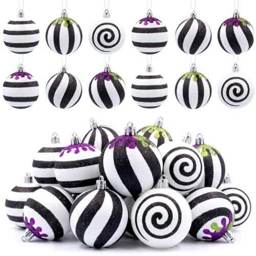 Medoore 24Pcs Gothic Black & White Christmas Ornaments with Purple & Green Glitter Drips - 2.36 Inch Hanging Balls for Halloween Xmas Tree & Party Decor