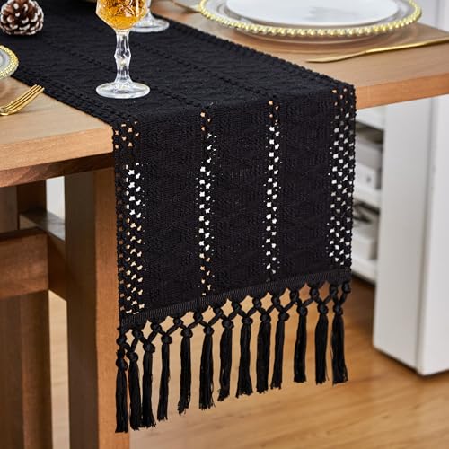 Black Table Runner with Tassels - Boho Fall Decor 12x90 Inch - FEXIA Variation